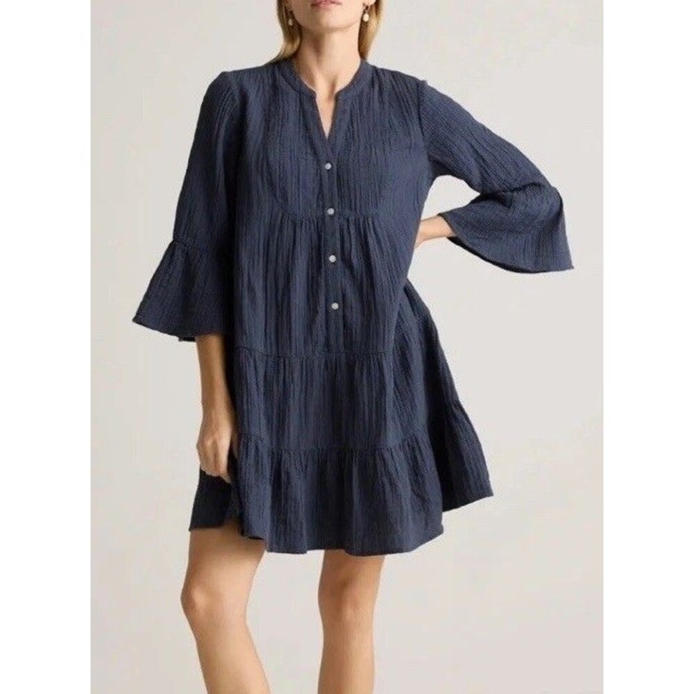 Quince Organic Cotton Gauze Long Sleeve Tiered Mini Dress Indigo Medium